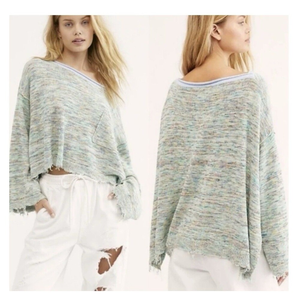 Free People Prism Space Dye Aqua Combo Raw Hem Oversized Sweater Small Boho